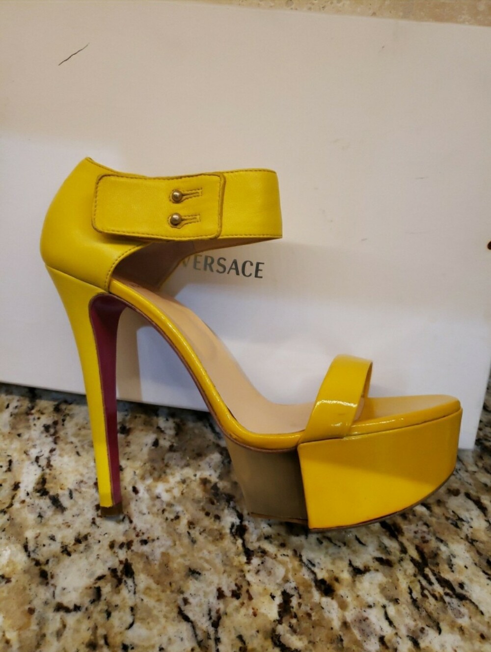 Versace Yellow Patent Platform Ankle-Strap Heels - Picture 7 of 12
